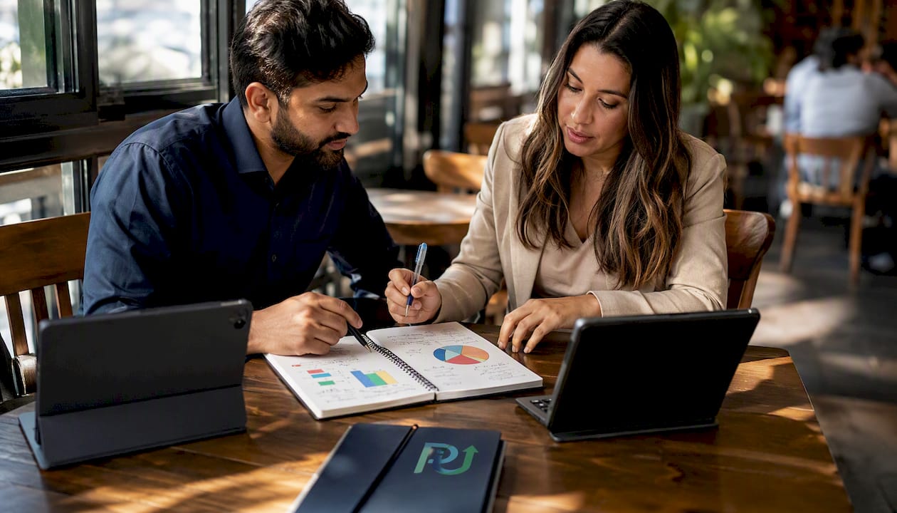 Colleagues analyzing business metrics and charts together