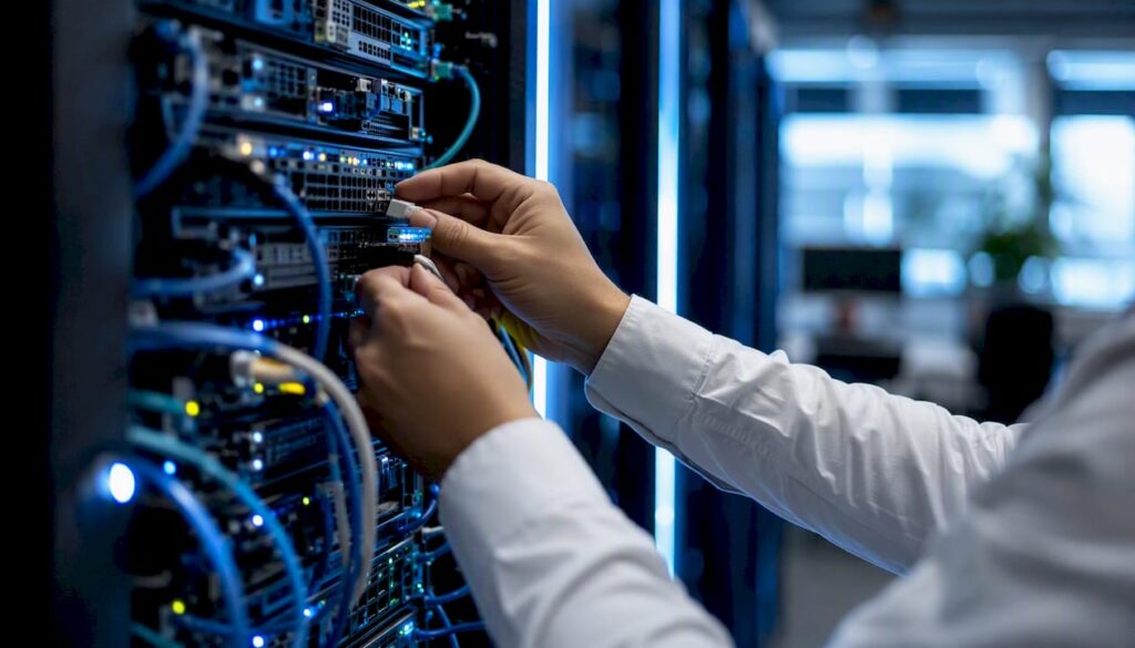 Hands adjusting cables in data operations center