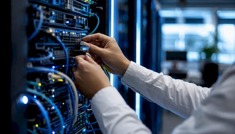 Hands adjusting cables in data operations center