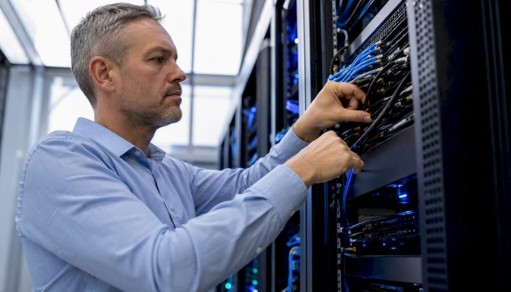 Hands adjusting AI automation device cables