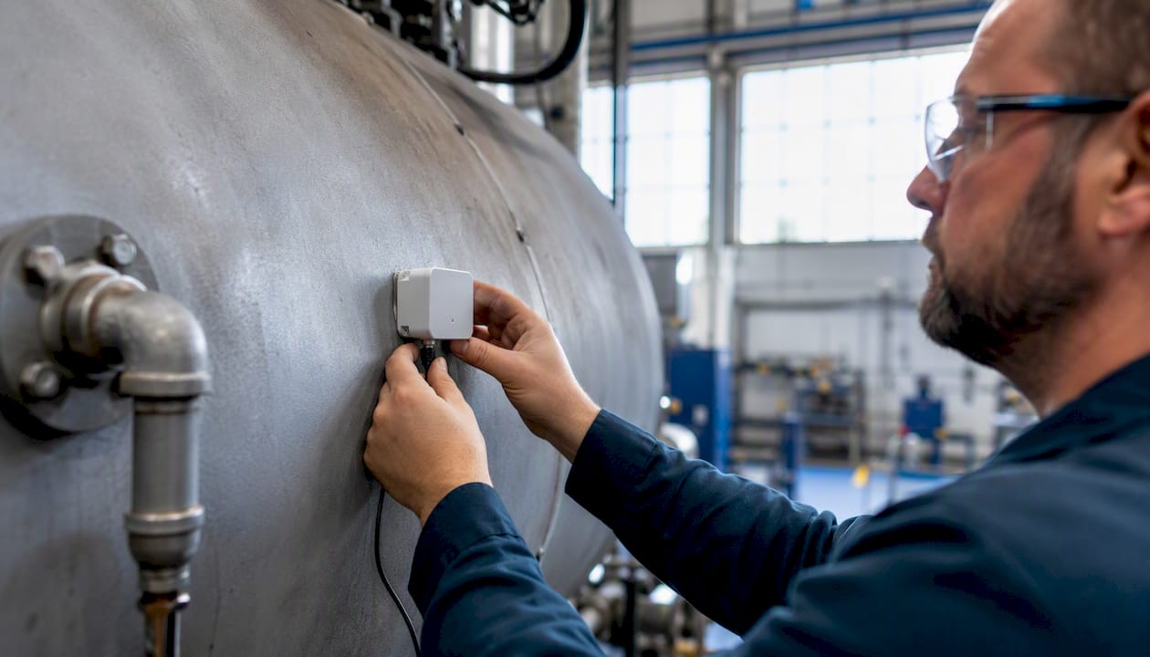 Hands installing IoT sensor on machinery