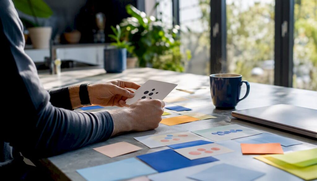 Hands rearranging workflow cards on table