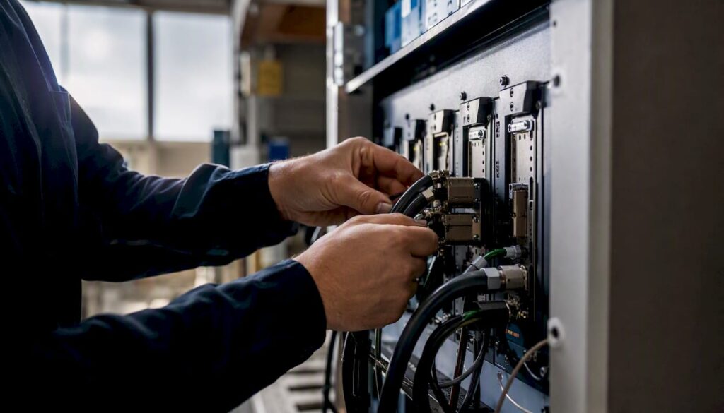 Hands adjusting cables on automation panel