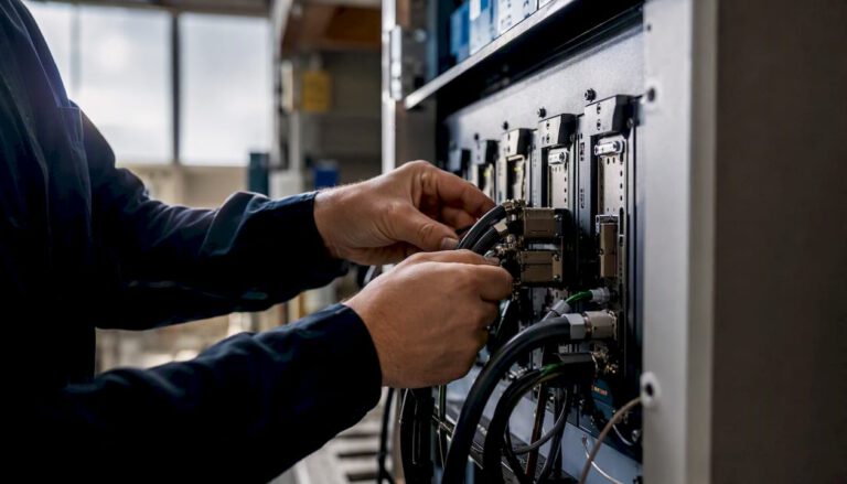 Hands adjusting cables on automation panel