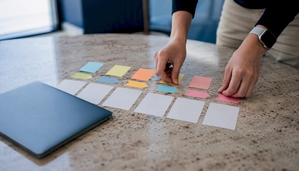 Hands arranging technology rollout roadmap cards