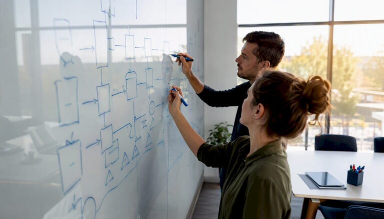 Hands mapping value stream on whiteboard