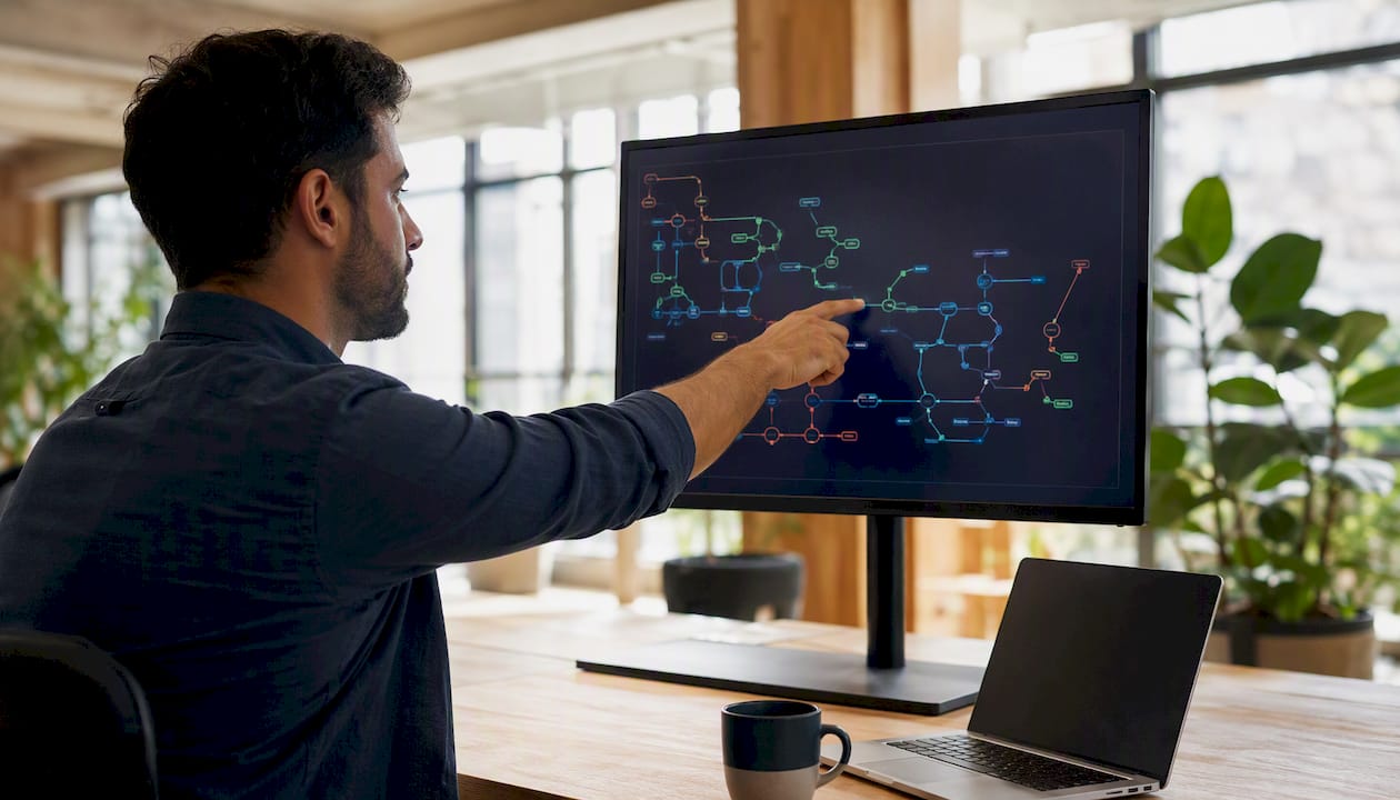 Hand pointing at process mining dashboard