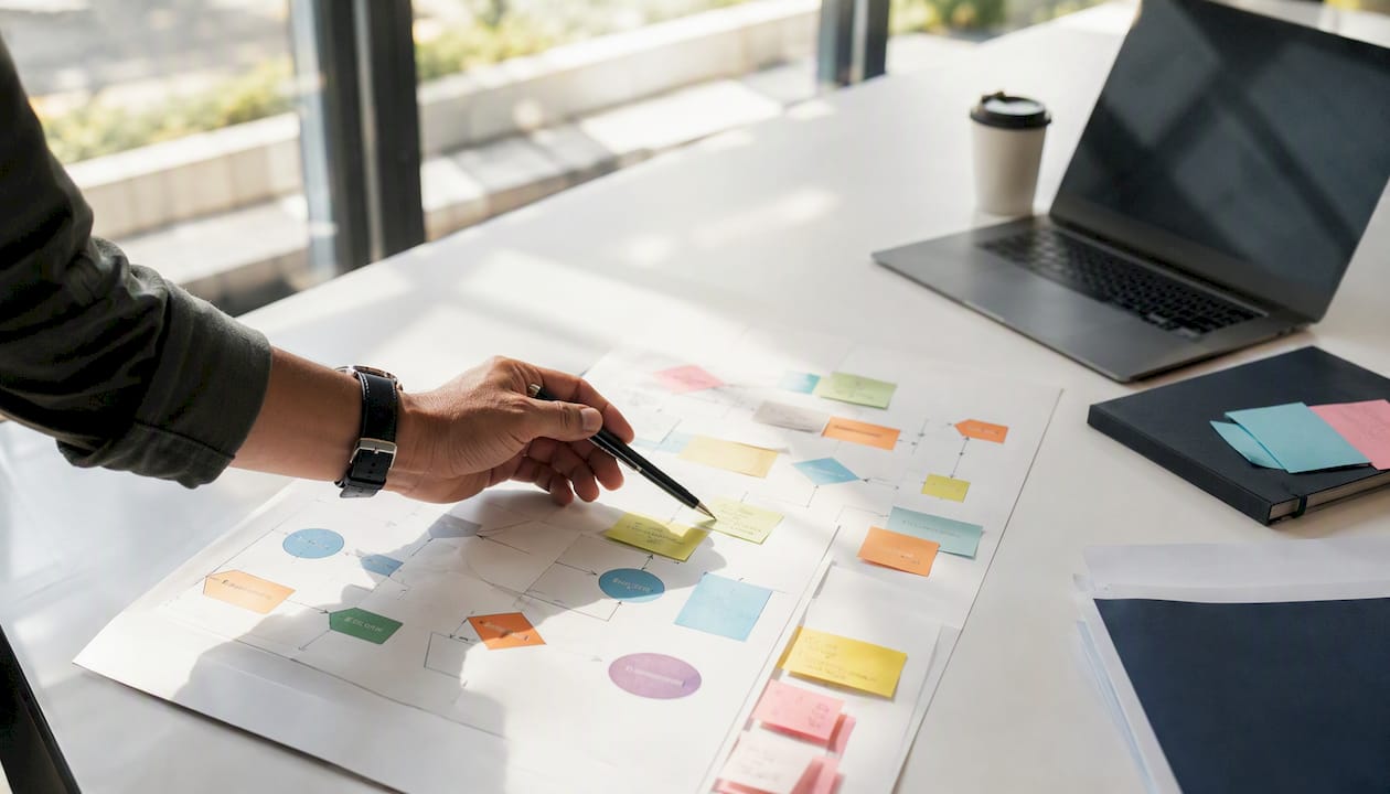 Decision path mapping materials on office table