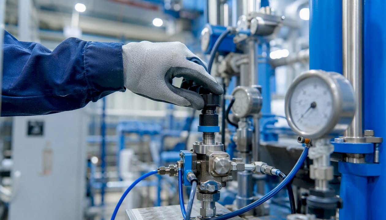 Hand adjusting pneumatic control valve in factory