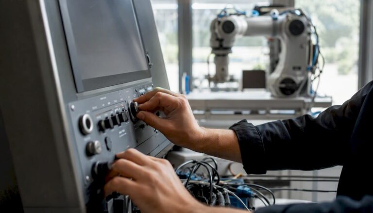 Hands adjusting automation control panel
