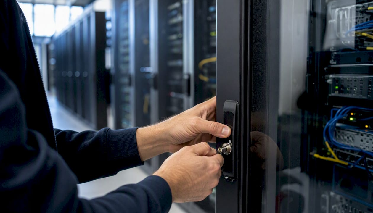 Hands locking data center server cabinet