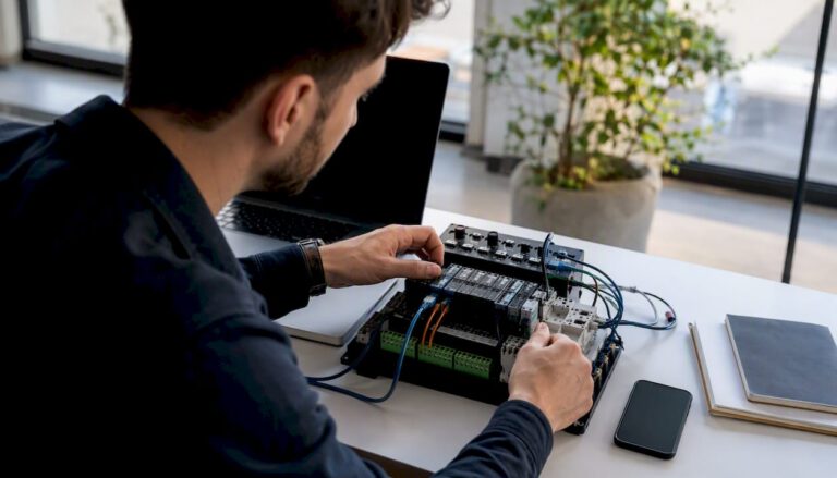 Hands connecting automation control board cables