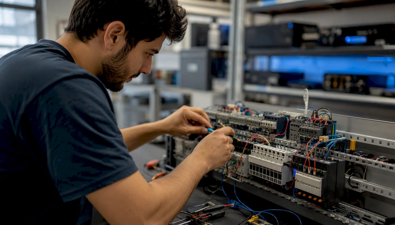 Hands tracing wiring on automation relay modules