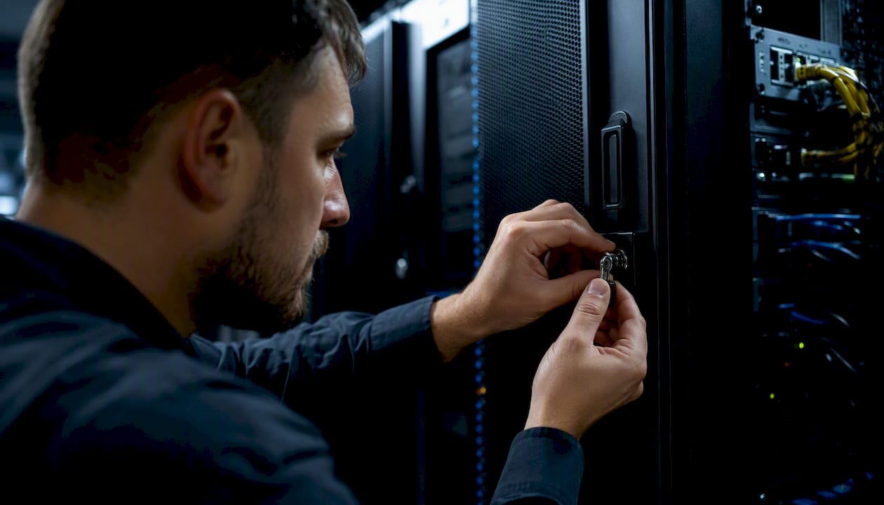 Hands locking a server rack security mechanism