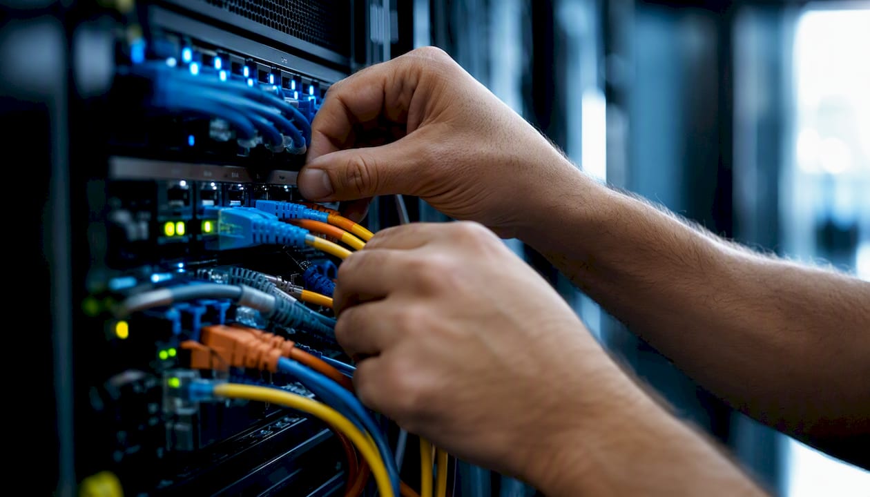 Hands routing cables in server rack