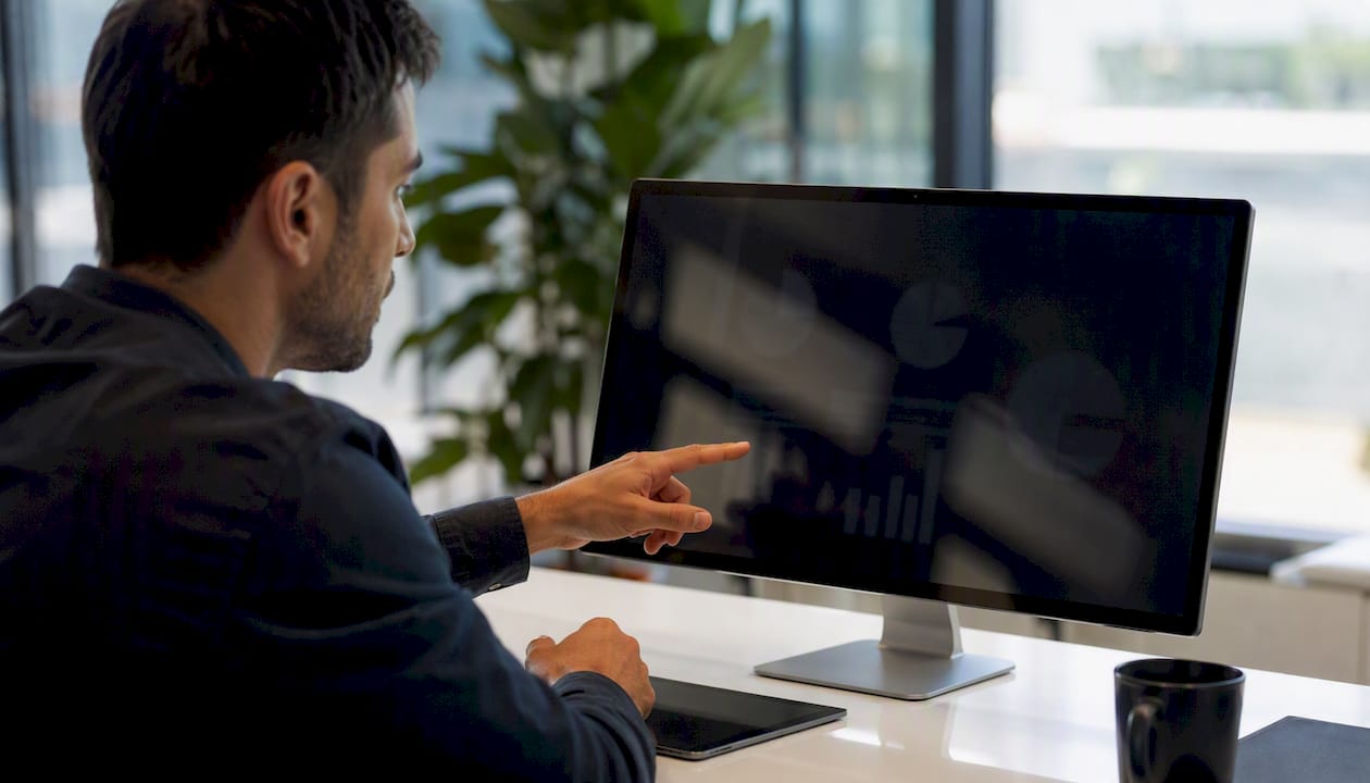 Hand pointing at digital dashboard metrics