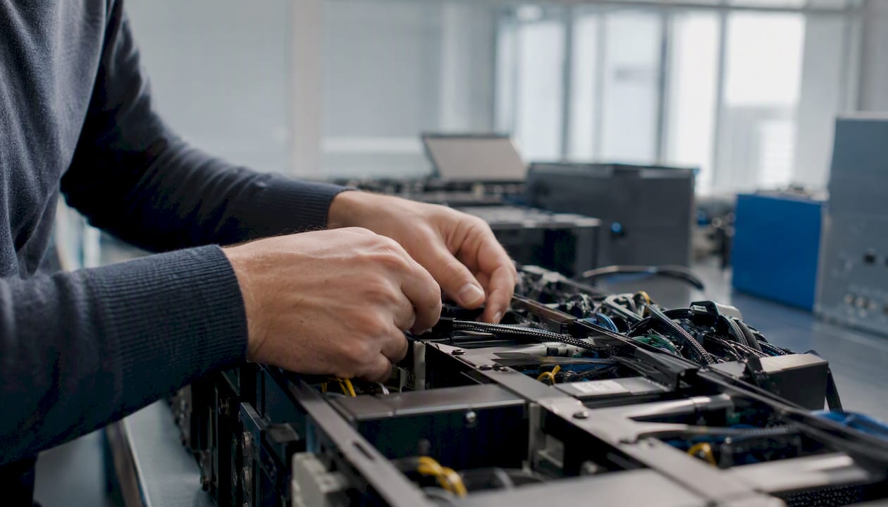 Hands setting up AI training components