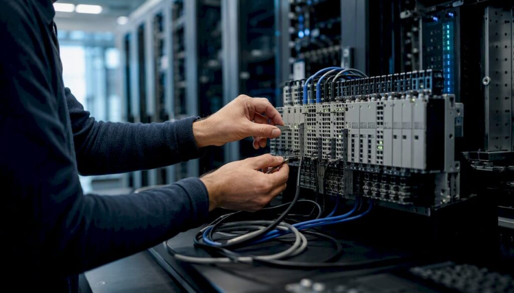 Hands wiring AI automation panel
