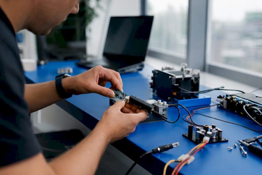 Hands assembling AI automation devices