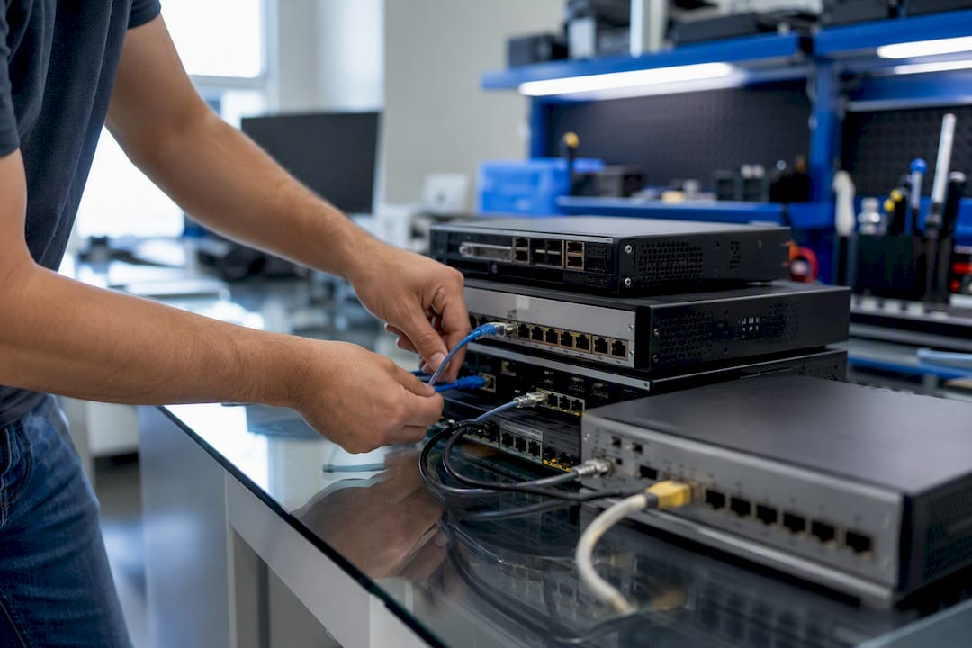 Hands preparing data architecture hardware