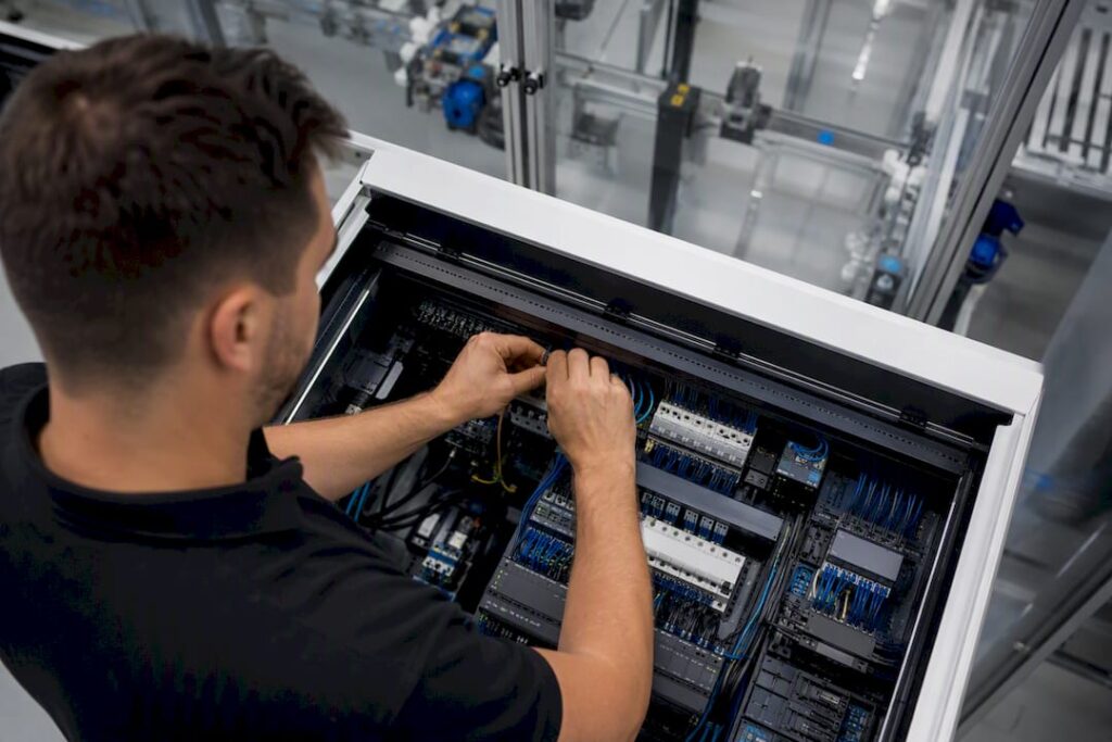 Technician wiring AI automation panel