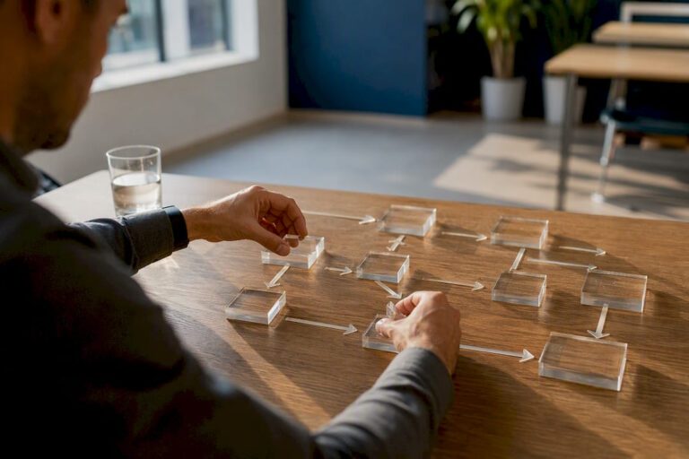 Hands assembling workflow blocks on table