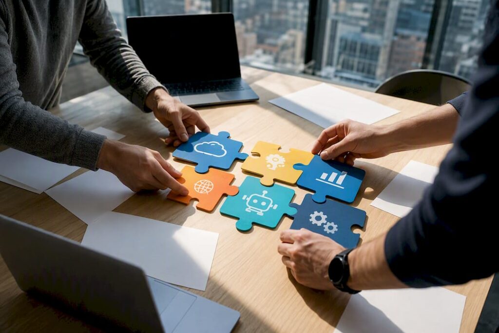 Hands assembling automation roadmap puzzle pieces