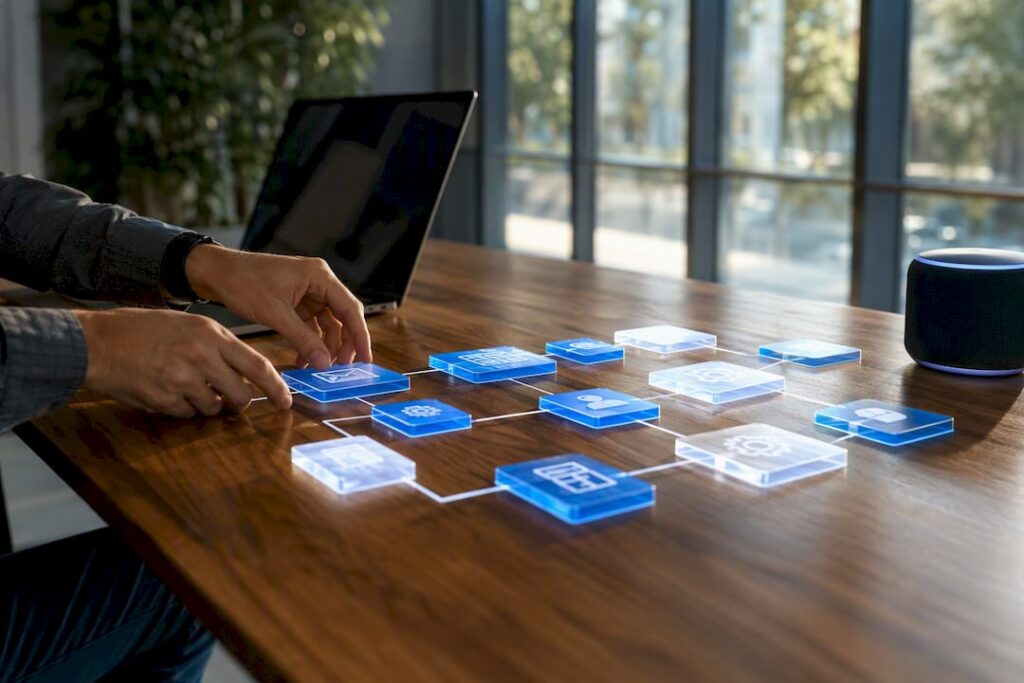 Hands assembling AI workflow blocks on glass table