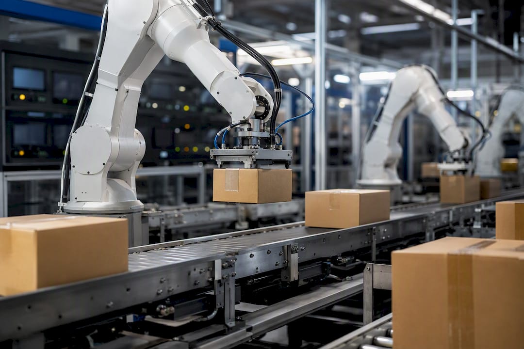 Robotic arms processing documents in automation facility