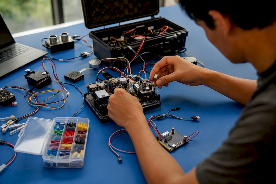 Hands testing AI workflow modules in lab