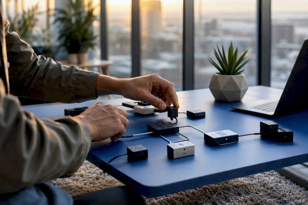 Hands assembling AI automation system on desk