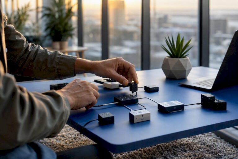 Hands assembling AI automation system on desk