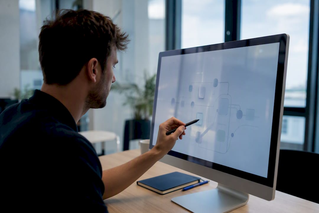Hands adjusting automation workflow on tablet