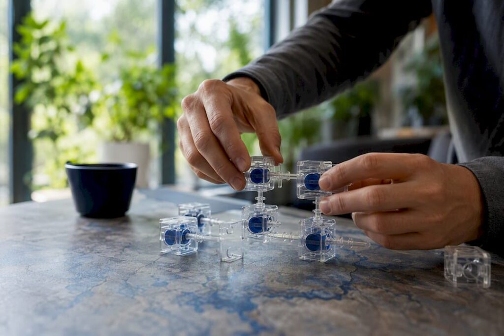 Hands assembling modular AI agent blocks