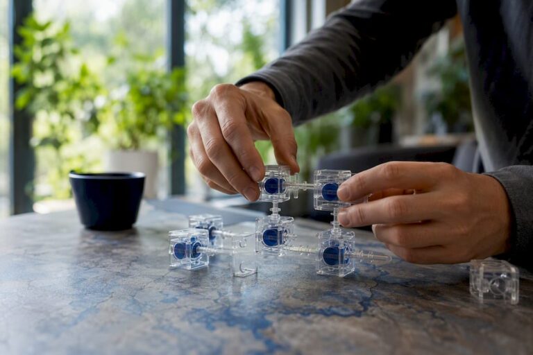 Hands assembling modular AI agent blocks