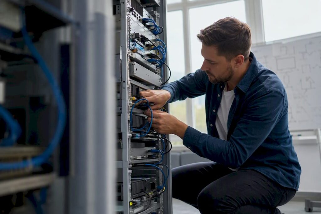 Technician assembling AI hardware