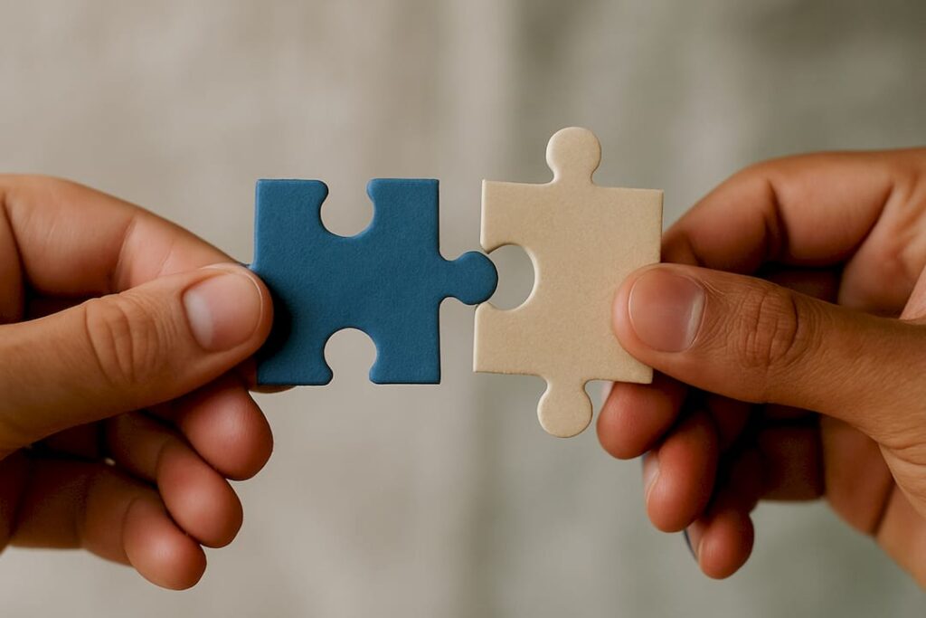 Hands assembling modular AI agent blocks