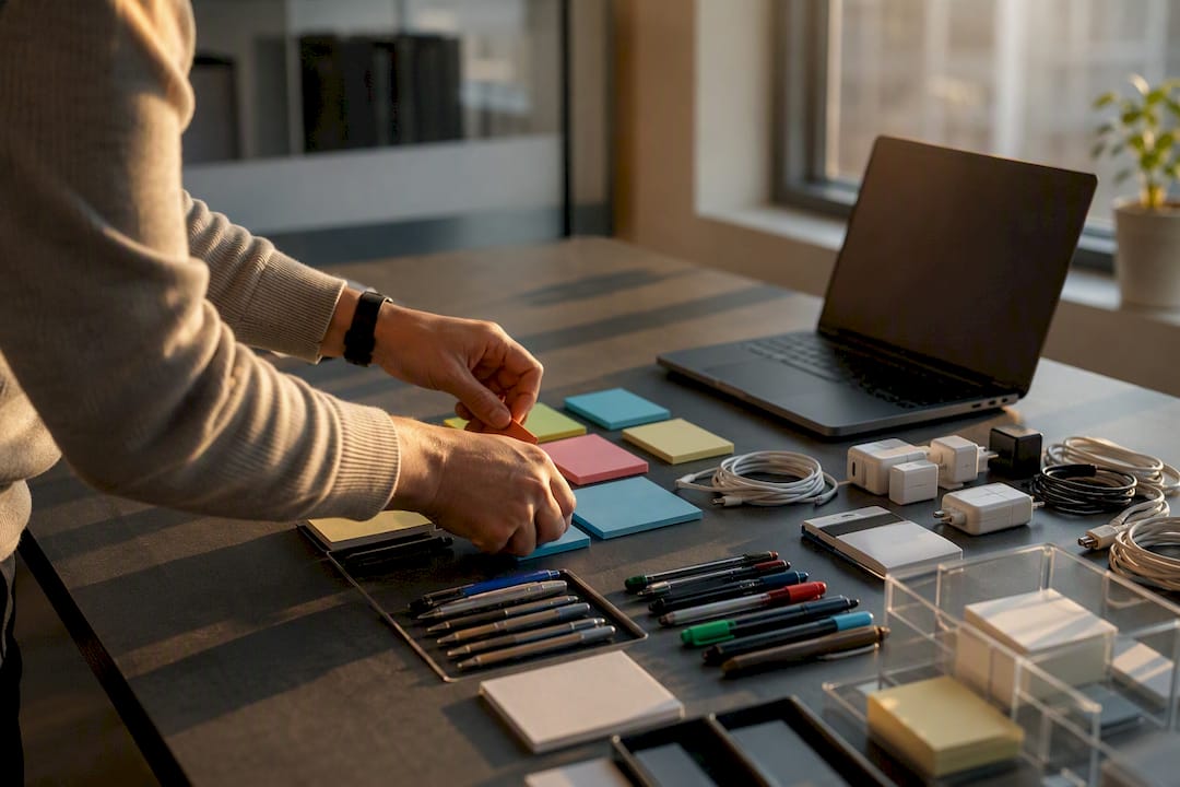 Hands organizing workspace under 5S method