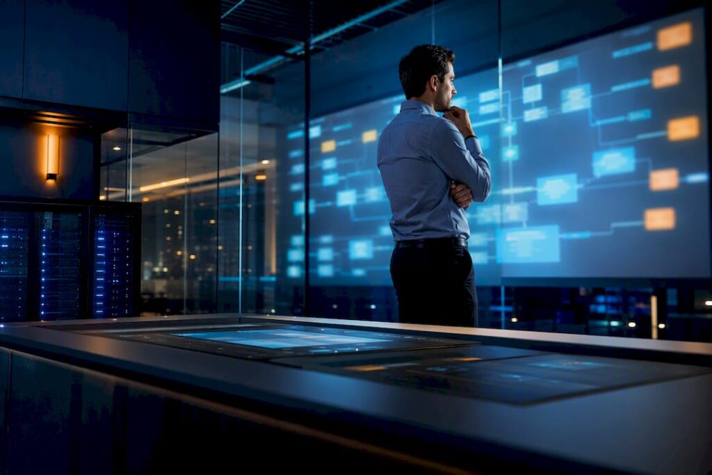 Analyst reviewing automated transaction workflow