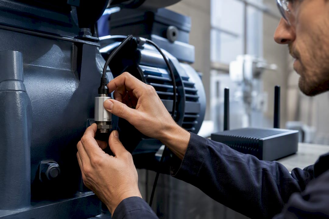 Technician inspecting industrial IoT sensor