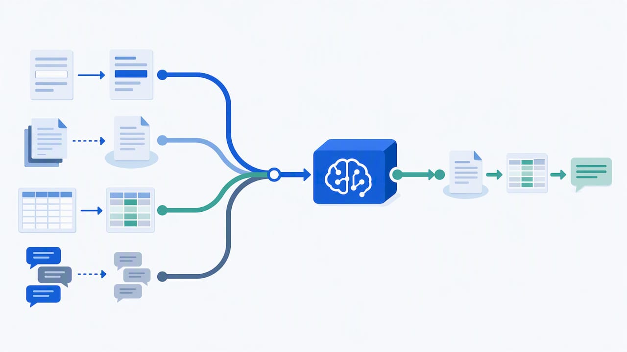 Manual business tasks converging into an AI workflow